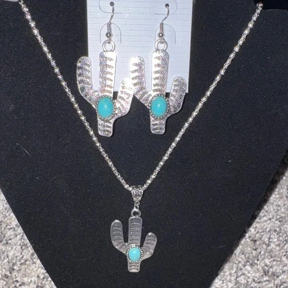 Silver and Turquoise Cactus Jewelry Set - Picture 1 of 5